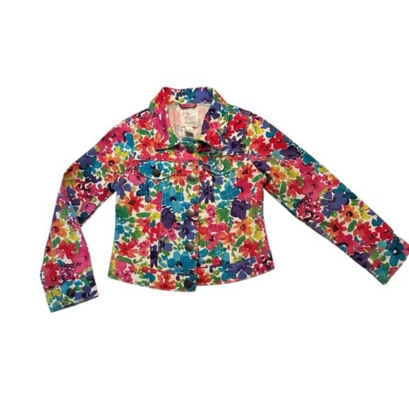 1989 Place | Kids Girl Red & Blue Floral Color Full Denim Jacket Size Small - Picture 1 of 8